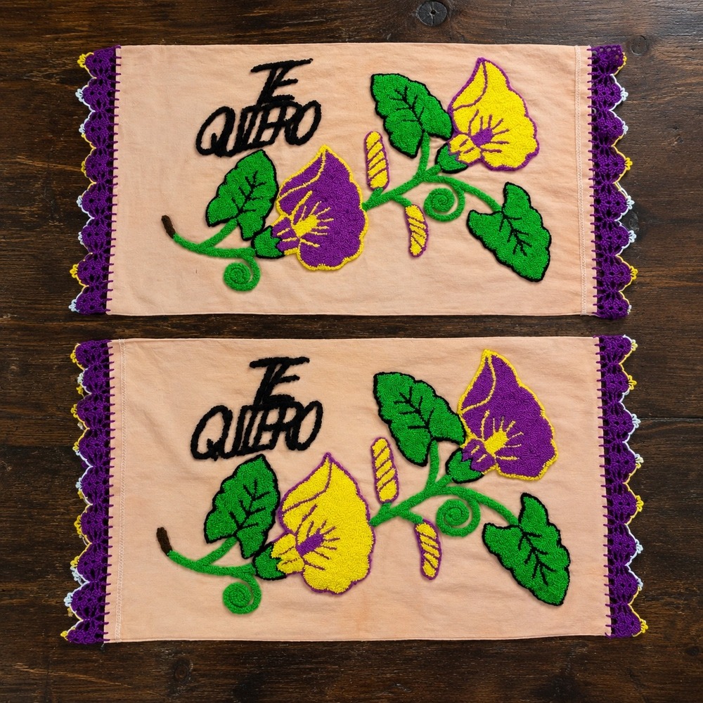 Vintage Set of 2 Te Quiero Punch Needle Embroidered Pillowcases Crochet Lace
